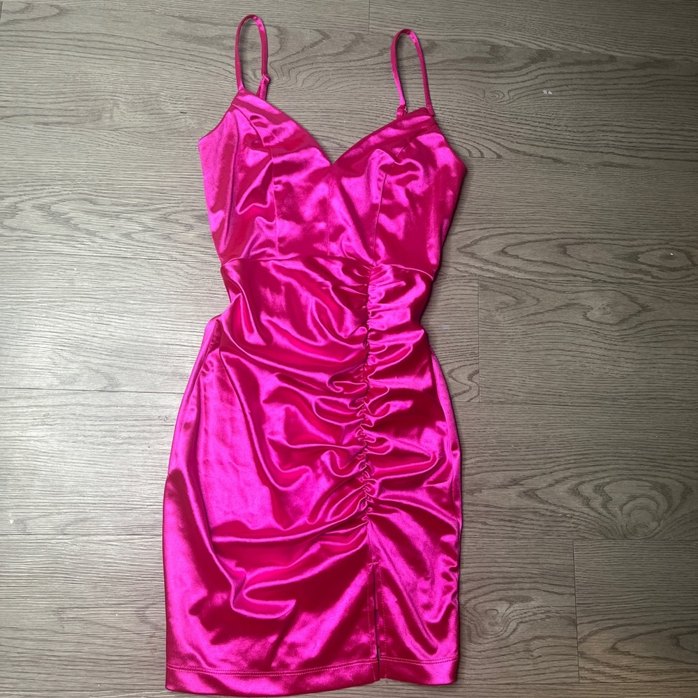 Fuchsia Honey and Rosie ruched satin dress